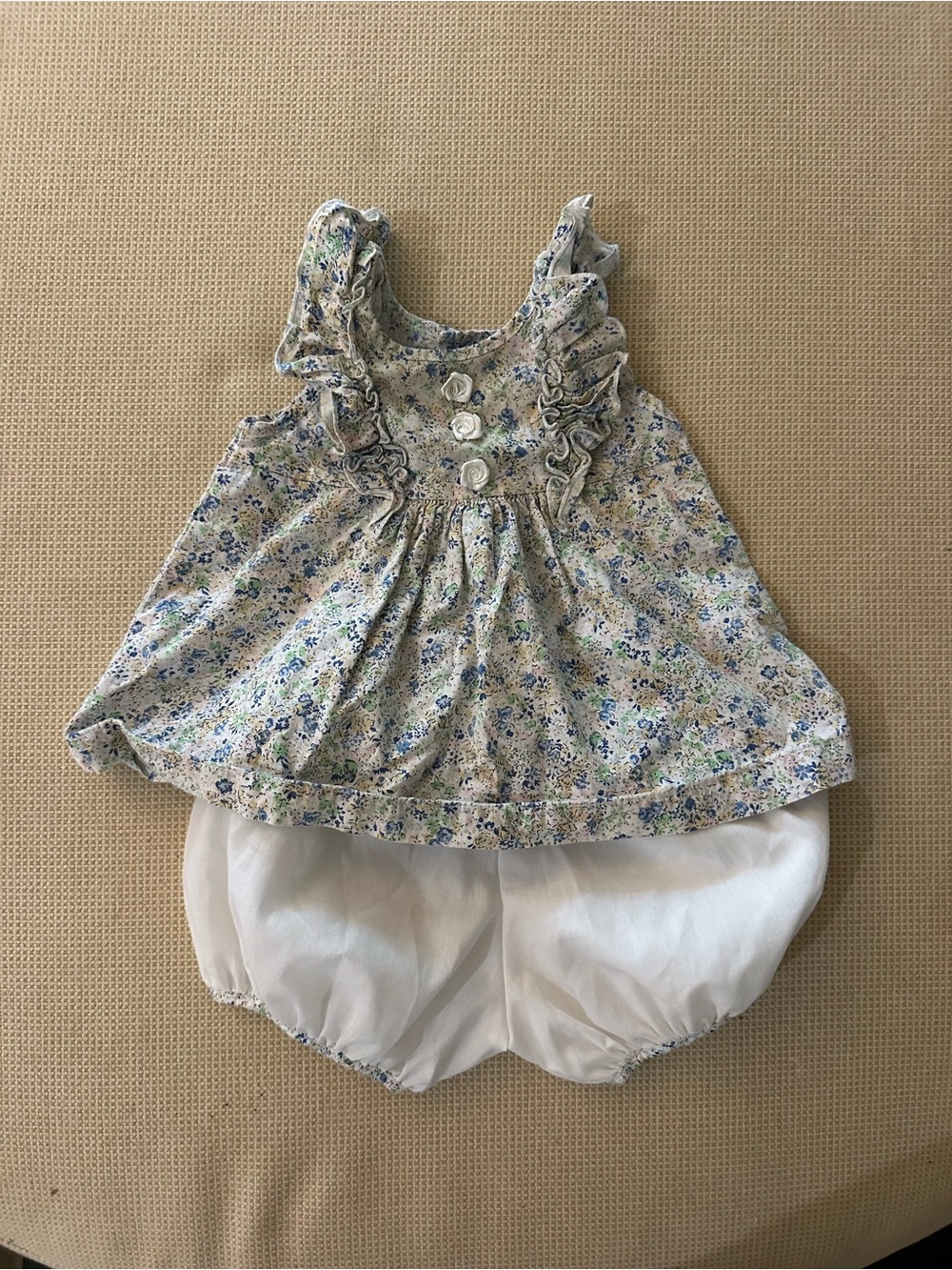 Floral Ruffle Baby Top and White Bloomer Set - Blue/Cream